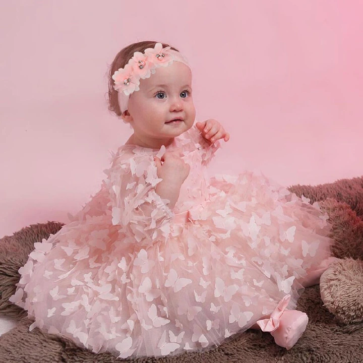 New baby and toddler long-sleeved dress three-dimensional flowers puffy dress girls mesh bow dress