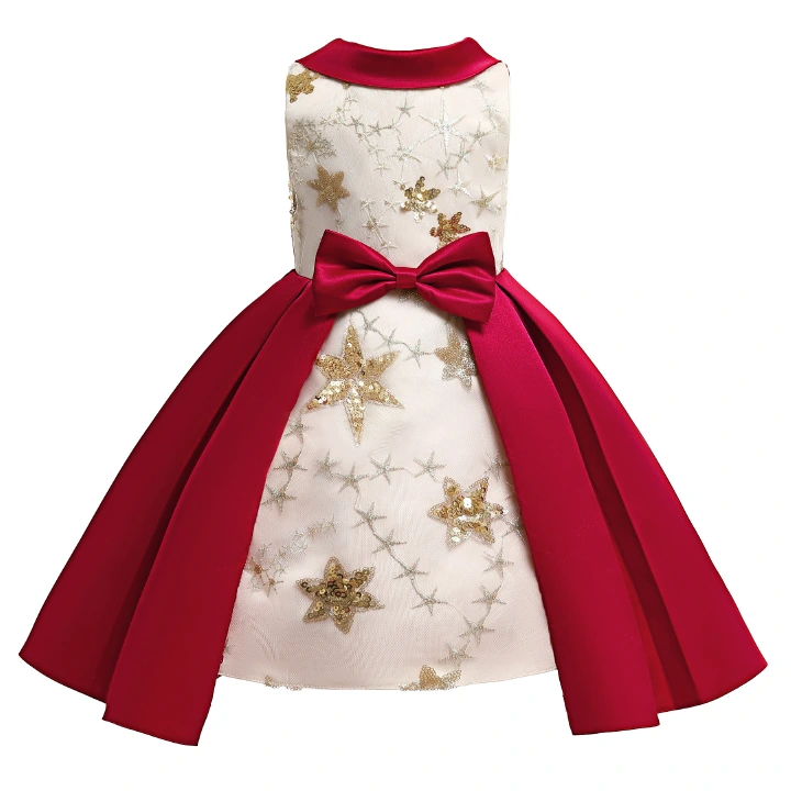 Girls' Dress 2022 Red Flap Neck Child Dress Christmas Children's Star Sequin Princess Dress Dress Dress