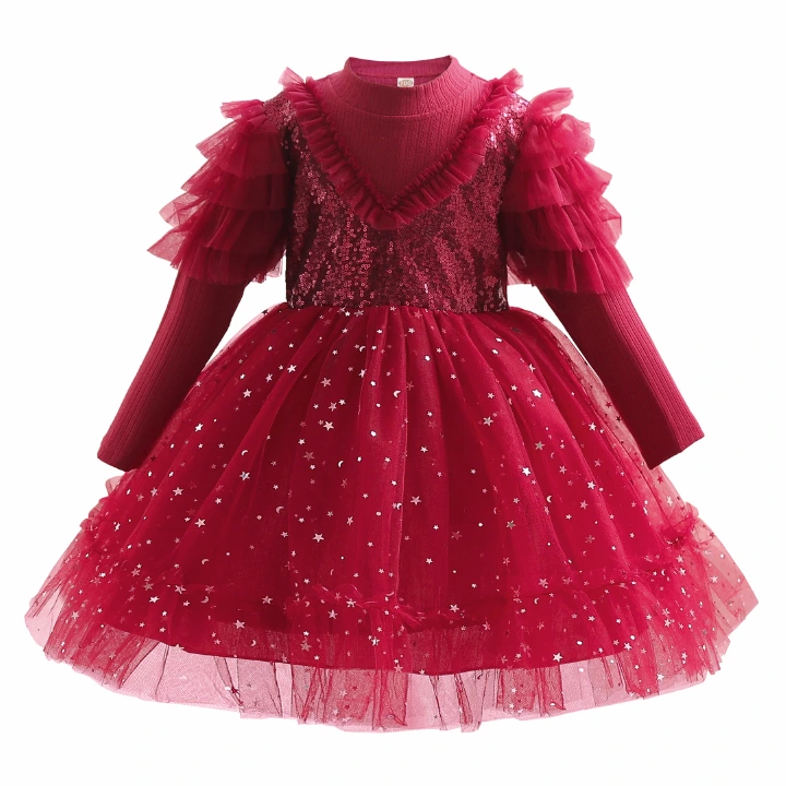 Girls' dresses 2022 autumn and winter red Christmas children's clothing children's long-sleeved princess dress star mesh dress child dress