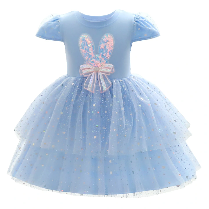 Girls' dresses summer children's clothing baby short-sleeved cotton rabbit sequins puffy mesh princess skirt child dress