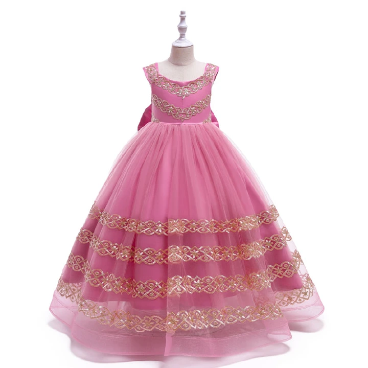 New gold thread embroidered mesh children's dresses Girls' birthday piano performance skirt kids dress 5-12years old