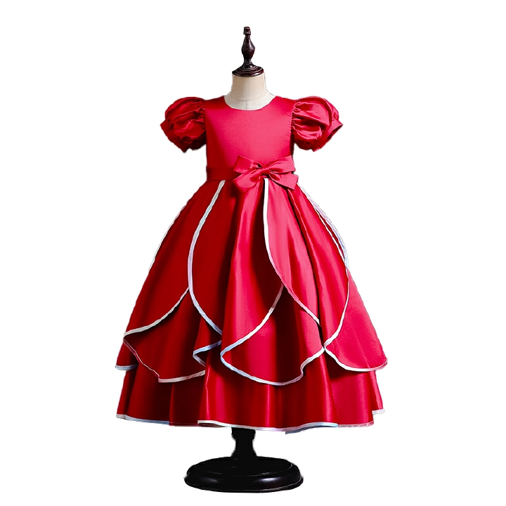 Children's Dress Satin Rainbow Trimmed Princess Dress Girls Bubble Sleeve Upscale Birthday Piano Performance Dress 3-14 years