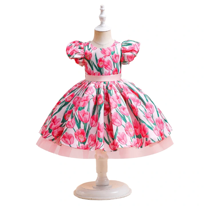 Girls' dressesGirls' children's pink floral dressesBaby printed princess dressesChildren's dresses 4-7 years