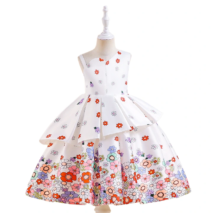 Children's dress birthday party splicing print puffy dress girls princess dress sweet girls dress
