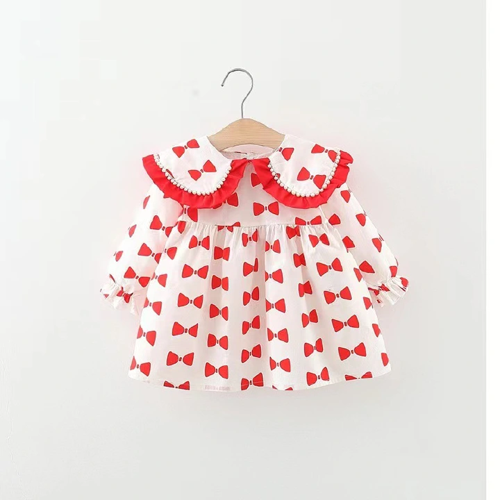 New Girls Long Sleeve Doll Neck DressChildren's Spring and Autumn Bottom Dress ShirtPearl Neck Dress Shirtfor 6M to 3 Year old