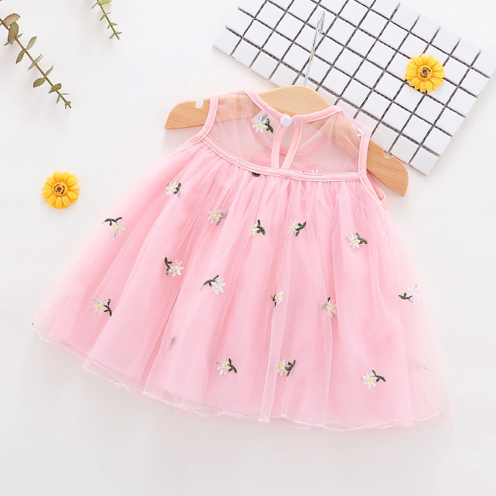 Summer New Baby Girl Sleeveless Mesh Dress Small Child Solid Color Small Fresh Embroidery Dress 6M to 3 Year old