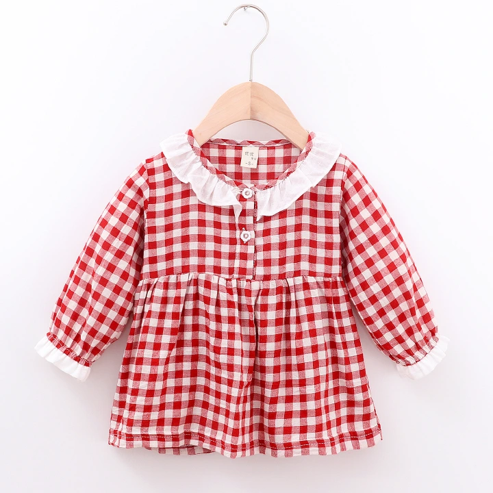 Spring and Autumn new doll collar plaid shirt children's bottoming dress shirt small children's shirt 6M to 3 Year old
