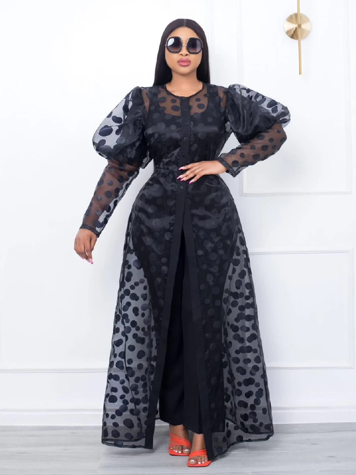 Fashion new mesh bubble sleeve button cardigan temperament large size robe jacket dress S-3XL