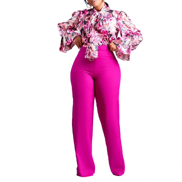 Women Two Pieces Set Printed Blouse Long Sleeves High Waist Pants Trousers Elegant Office Ladies Work Wear Suit 2 Pieces African