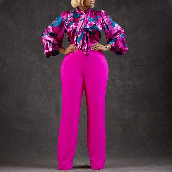 Women Two Pieces Set rose red Blouse Long Sleeves High Waist Pants Trousers Elegant Office Ladies Work Wear Suit 2 Pieces African