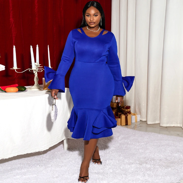 Women Bodycon Party Dress Long Flare Sleeves Cold Shoulder Ruffles Bowtie Elegant Slim Evening Birthday Event Robes Female 4XL