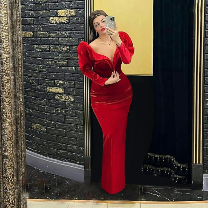 Velvet Dress Women Red Christmas Evening Party Deep V Neck Ruffles Long Sleeve High Waist Bodycon Cocktail Event Gowns 4XL