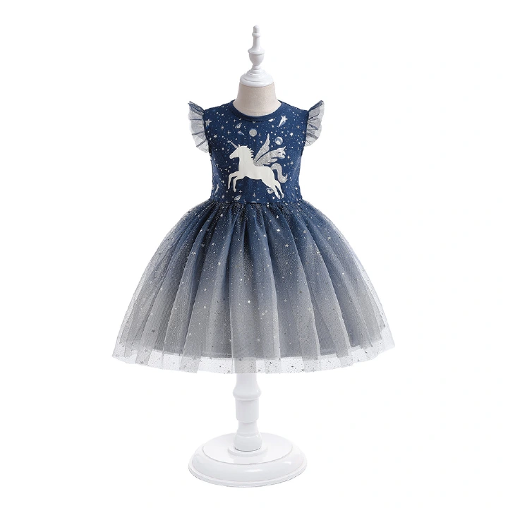 Party Princess Girls Dress Girls Clothes Children Clothing Children's summer new children's dress fly sleeve hot silver gradient colour mesh dress Casual Dresses 3 8T
