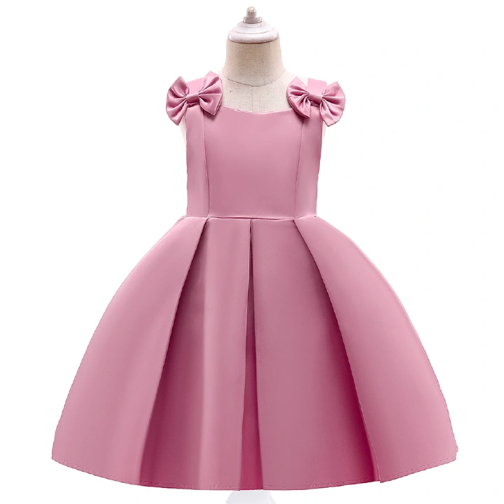 New Kids Dress Bow Princess Dress Plain Pleated Dress Girls Four Seasons Dresses Girls Dresses
