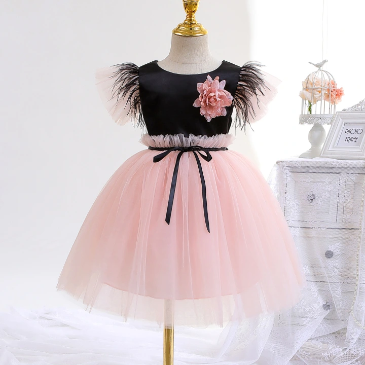 Girls' dresses new children's baby feather flower dress skirt puffy mesh princess skirt child dress