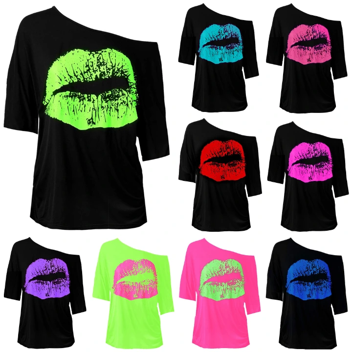 Nostalgic big lips printed 80's clothing female slouchy shoulder medium sleeve T-shirt