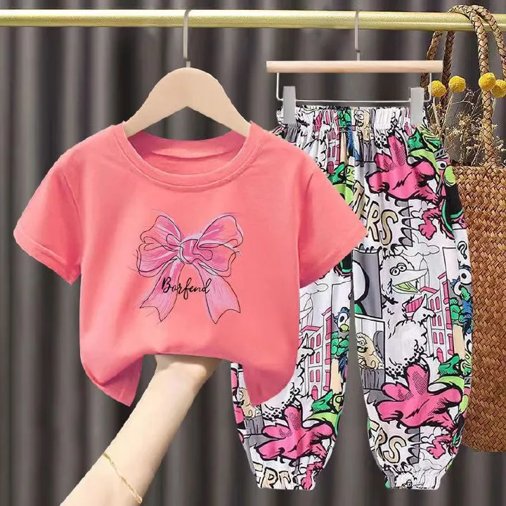 Girls' suit 2022 new summer cotton short-sleeved T-shirt children's clothes baby magenta two-piece suit