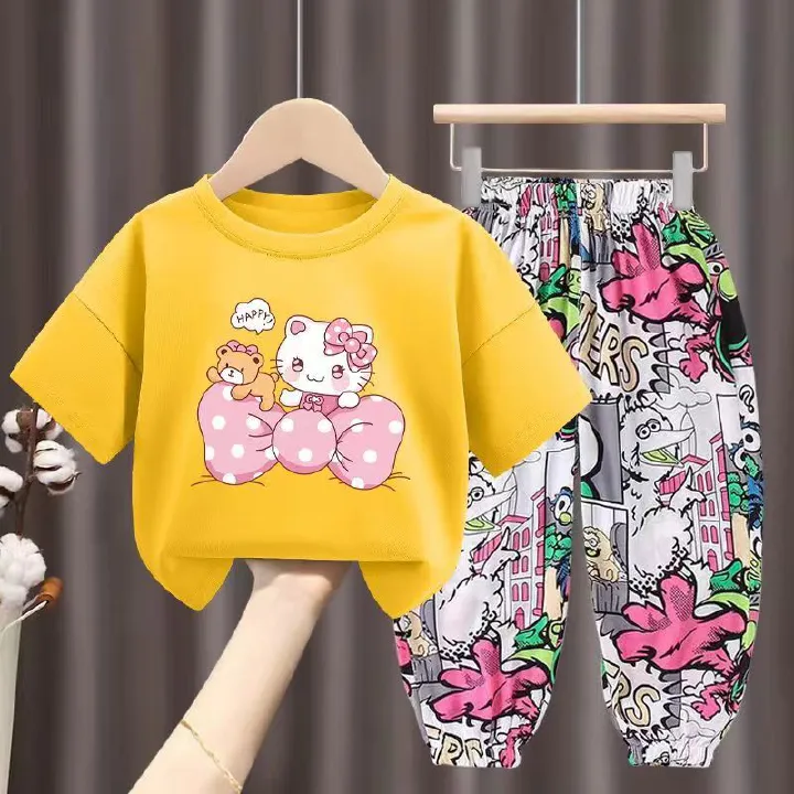 Girls' suit new summer cotton short-sleeved T-shirt children's clothes baby magenta two-piece suit