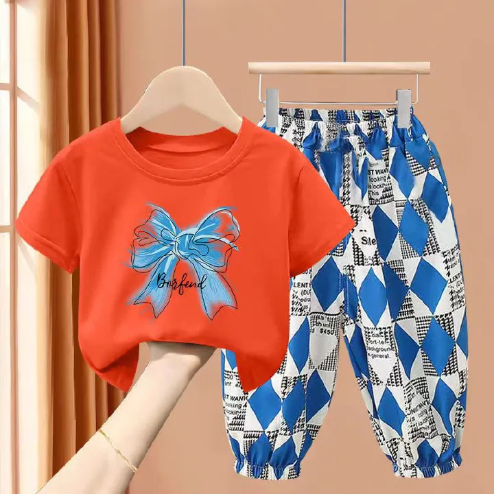 Cotton girls' suit summer new short-sleeved children's fashionable anti-mosquito trousers male baby fashion two-piece suit
