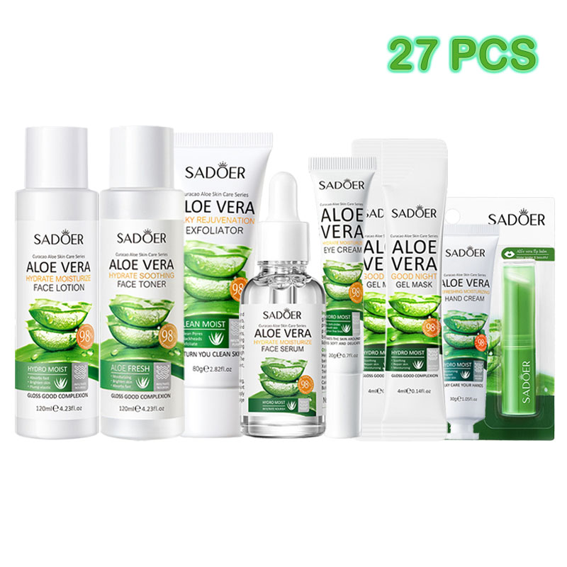 27Pcs Aloe Vera Moisturizing Whitening Skin Care Set Moisturizing Gifts Set Face Lotion + Face Toner + Face Serum + Exfoliating Gel + Eye Cream + 20Pcs Good Night Gel Masks + Hand Cream + Lip Balmas picture