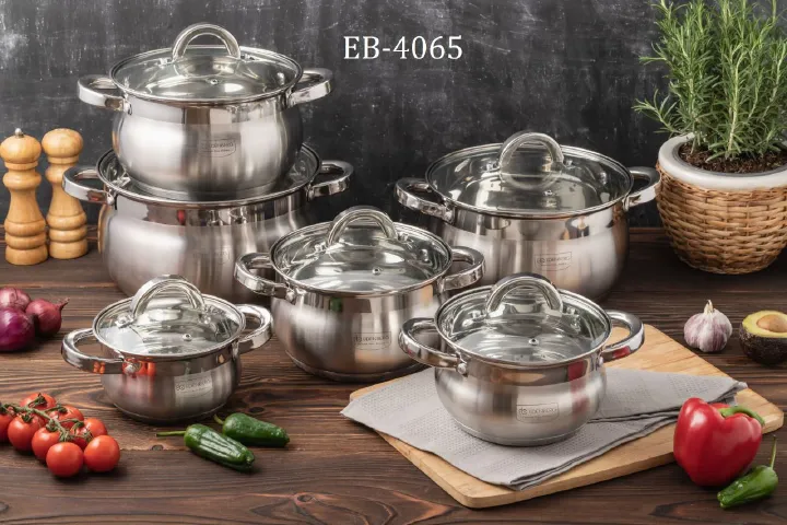 Edenberg EB-4065 12pcs induction heavy duty stainless steel Cookware set Calibrated for content measuring induction friendly stainless steel bottom