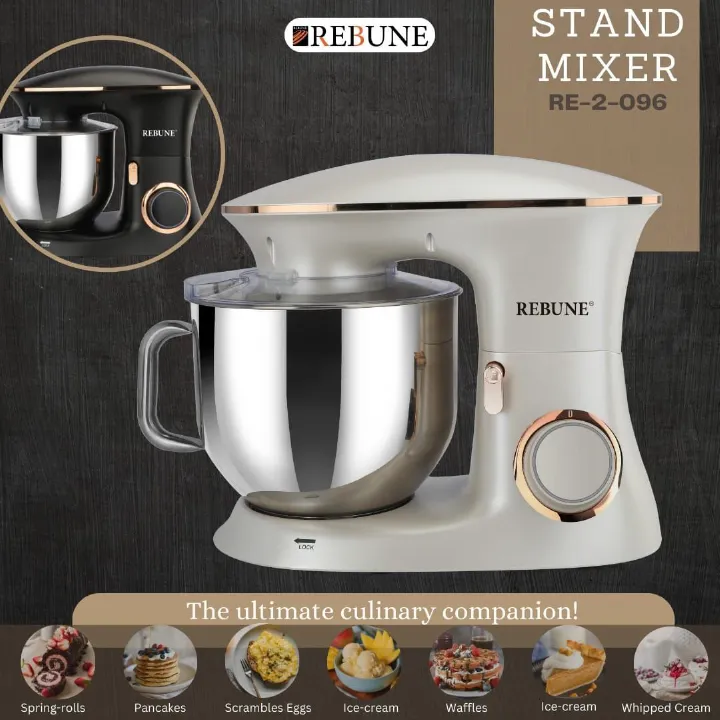 Rebune RE-2-096 heavy duty Electric stand mixer With 7L Stainless steel Bowl with 6 Speed settings for home and commercial use 1100W