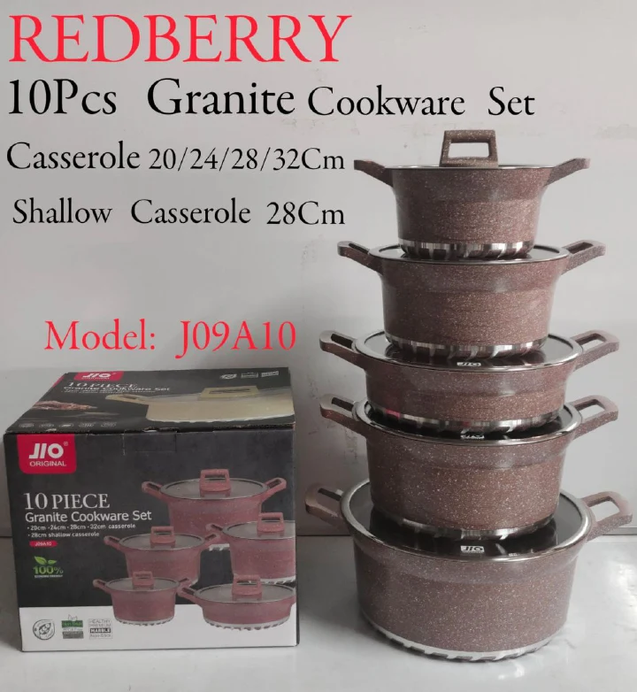 JIO  original 10 pcs Granite Redberry cookware set with casserole Heavy Duty Cooking Pots non stick J-09A10