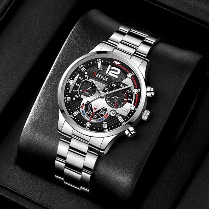 Fashion Men’s Stainless Steel Watches Luxury Quartz Wristwatch Calendar Luminous Clock Men Business Casual Watch