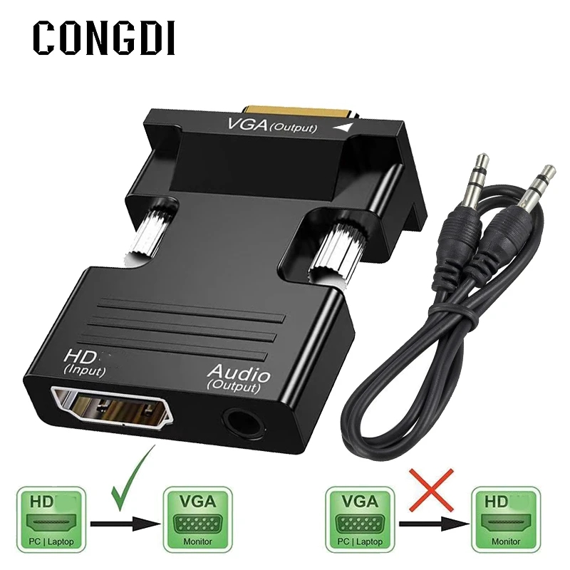 HDMI-compatible To VGA Converter With 3.5mm Audio Cable For PS4 PC Laptop TV Monitor Projector 1080P HD Female To VGA Male Adapt