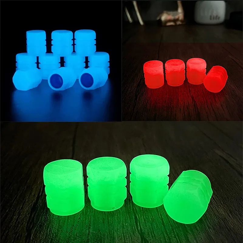 4pcs Luminous Valve Caps Fluorescent Night Glowing Car Motorcycle Bicycle Bike Wheel Tyre Hub Luminous Valve Stem Caps Decors