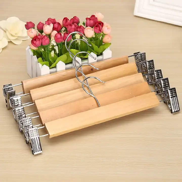 6pieces  *14"/28cm high Grade  Natural Wooden Hangers Skirt Pants Hangers with Clips and 360° Swivel Hook, Heavy Duty Jeans Hangers, Skirt ,Trousers,kids clothes, Closet Organizer with Trousers Clips*