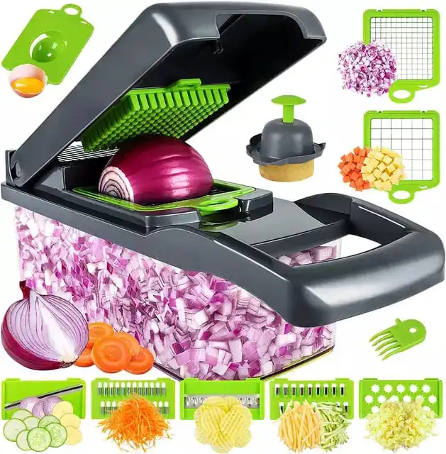 7 in 1 Vegetable Slicer Food Cutter and Shredder Food Dicer Interchangeable Blades Grater, Chopper, Food Container All in ONE SlicerVeggie Chopper Has 7 Different Replaceable Accessories For Cutting