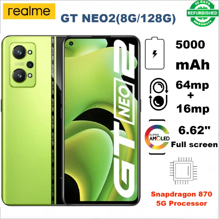 Refurbishe Realme GT Neo2 5G 128+8GB 5000mAh 6.62" 64MP + 16MP 2G/3G/4G/5G LTE  Dual SIM Smartphones 120Hz E4 AMOLED Display Qualcomm Snapdragon 870 5G Processor Android 12 realme gt2
