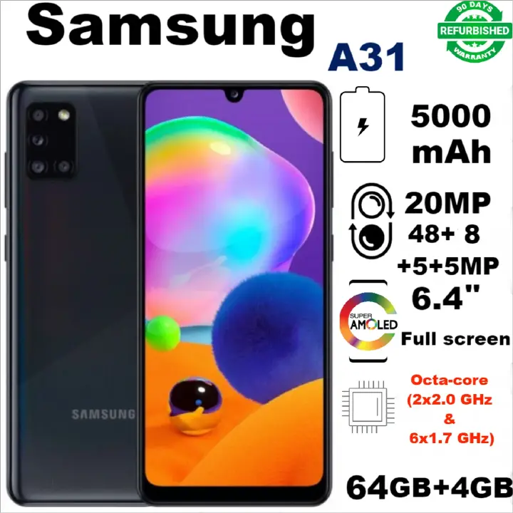 Refurbished Samsung Galaxy A31  64+4GB 5000mAh 6.4" 48MP + 20MP 2G/3G/4G/LTE  Android single SIM Smartphones Waterproof google Smart Phones Big Batter