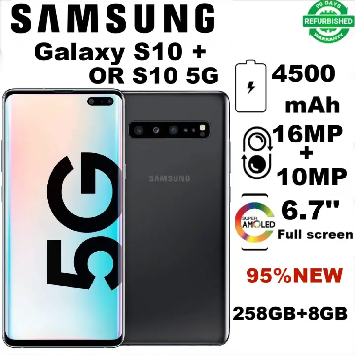 Refurbished Samsung Galaxy S10 5G  S10 + S10 Plus 256+8GB 4500mAh 6.7" 16MP + 10MP 2G/3G/4G/5G LTE Android  single SIM Smartphones Waterproof google Smart Phones Big Batter mpesa my phones best phones