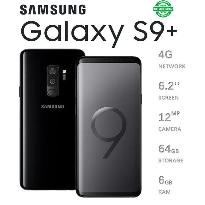 Refurbished Samsung Galaxy S9+ S9Plus 64+6GB 3500mAh 6.2"12MP+12MP 2G/3G/4G/ LTE Android single SIM Smartphones Waterproof google Big Batter mpesa my phones best phones number safaricom phones Black