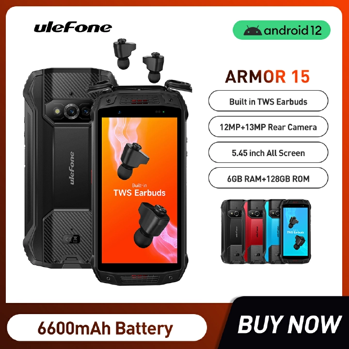 Ulefone Armor 15 rugged mobile phone Android 12 smart phone 6600mAh 128GB+6G NFC 2.4G/5G WLAN dual-card waterproof mobile phone built-in TWS headset