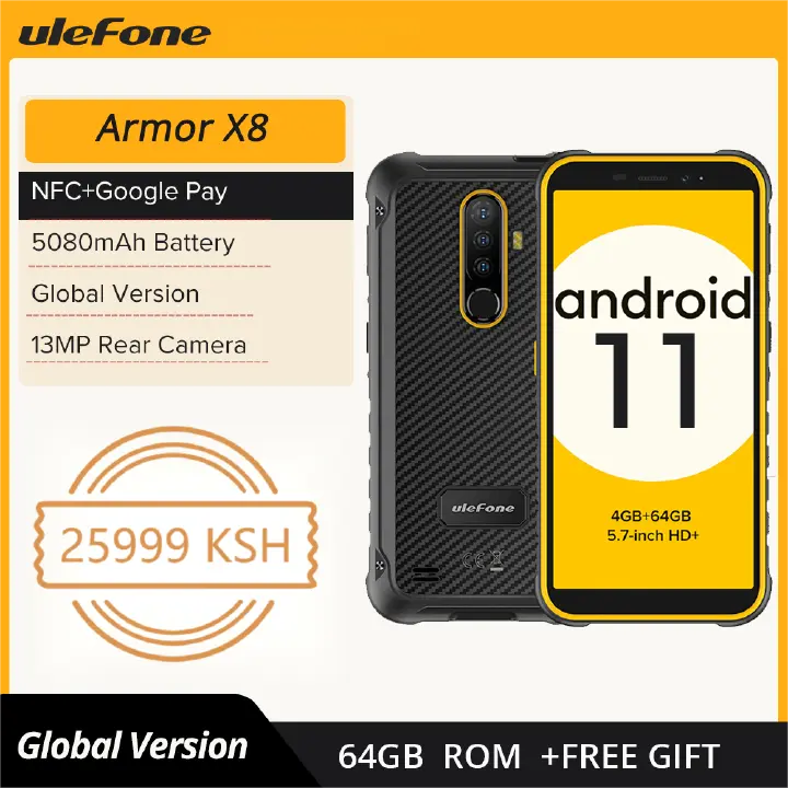 Ulefone Armor X8 Rugged Waterproof Smartphone Android11 5.7-inch Cell Phone 4GB 64GB ip68 Octa-core NFC 4G LTE Mobile Phone