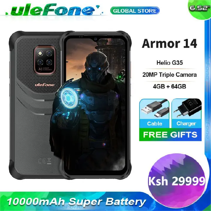 Ulefone Power Armor 14 10000mAh Big Battery 4GB+64GB IP68/IP69K Waterproof Rugged Mobile Phone Android 11 Global Version NFC Smartphone