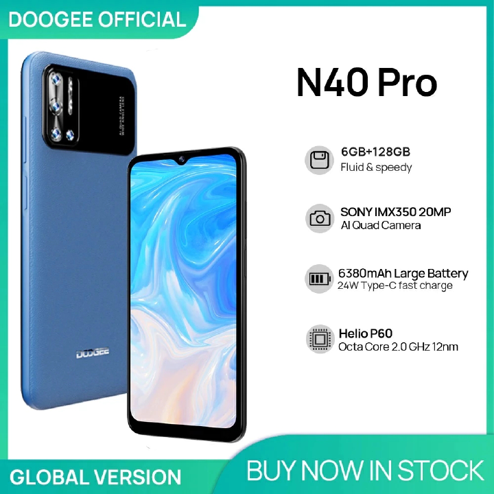 DOOGEE N40 Pro 6GB+128GB 6.5 Inch Smartphone 20MP Quad Camera Helio P60 Cellphone 6380mAh Android 11 24W Charging Mobile Phone