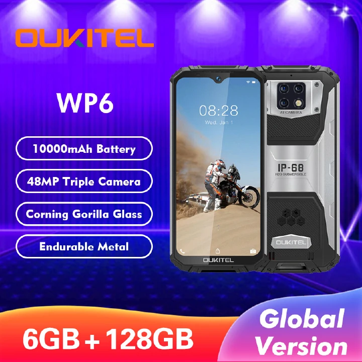 OUKITEL WP6 10000mAh 6.3'' FHD+ IP68 Waterproof Mobile Phone 6GB 128GB Octa Core 48MP Triple Cameras Rugged Smartphone