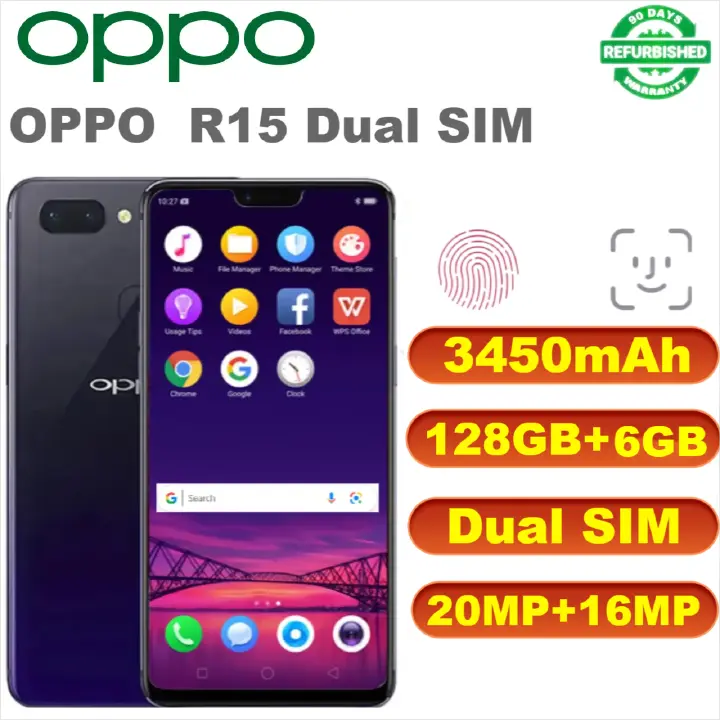 Refurbished OPPO R15 128GB+6GB 6.28" 20MP+16MP 2G/3G/4G LTE Dual SIM Android 8.1 3450mAh Face  ID Fingerprint Unlock Smartphones Big Phones