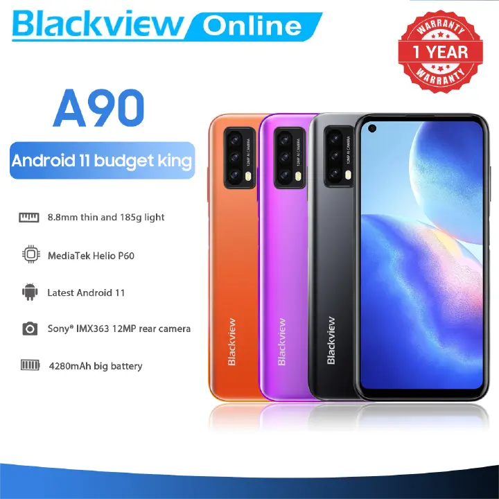 Blackview A90 Android 11 Smartphone Helio P60 Octa Core 4GB+64GB Mobile Phone 12MP HDR Camera 4280mAh 4G LTE Cellphone