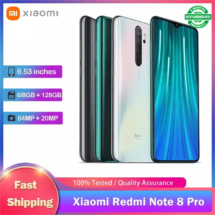 Refurbished Xiaomi Redmi Note 8 Pro 4G Mobile Phone Dual SIM 6.53'' 128+8GB 64MP+20MP 4K@30fps Octa-Core SmartPhones
