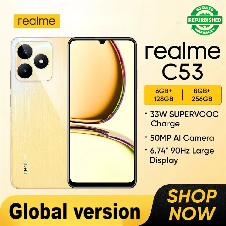 Refurbished Realme C53 Smartphones 128GB+6GB 6.74" 90Hz Display 50MP AI Camera 5000mAh Battery 7.49mm Ultra-Thin 33W SUPERVOOC Charge NFC Dual SIM Smartphones