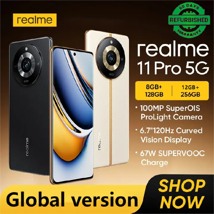 Refurbished Realme 11 Pro 5G Smartphones 256GB+12GB 6.7-inch 120Hz Curved Vision OLED Display 100MP SuperOIS Camera 67W SuperDart Charging 5000mAh NFC Fingerprint Unlock Dual SIM Smartphones