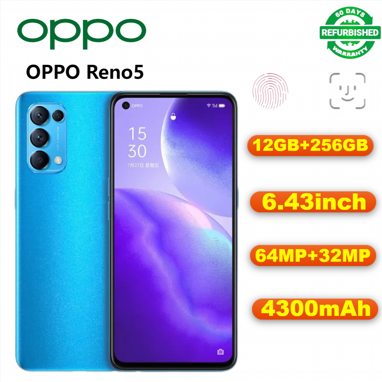 Refurbished OPPO Reno5 Reno5K 256GB 6.43'' 64MP 4300mAh without Fingerprint unlock phone Dual SIM 5G phone  Refurbished Phone SmartPhones Mobile Phones 256GB phone oppo phone Reno 5 smartphone