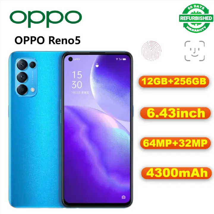 Refurbished OPPO Reno5 Reno5K 256GB 6.43'' 64MP 4300mAh without Fingerprint unlock phone Dual SIM 5G phone  Refurbished Phone SmartPhones Mobile Phones 256GB phone oppo phone Reno 5 smartphone