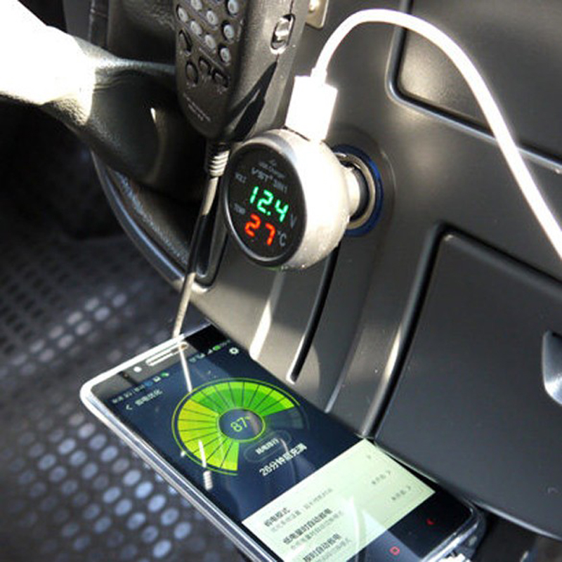 Car USB Charger Thermometer Voltage Meter Monitor Cigarette Lighter  Charger for Phone