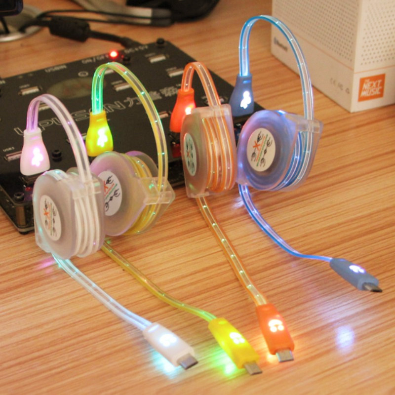 Luminous Universal 1M Retractable LED Light Micro USB Cable Charging Line V8 Cable for Andriod Phone